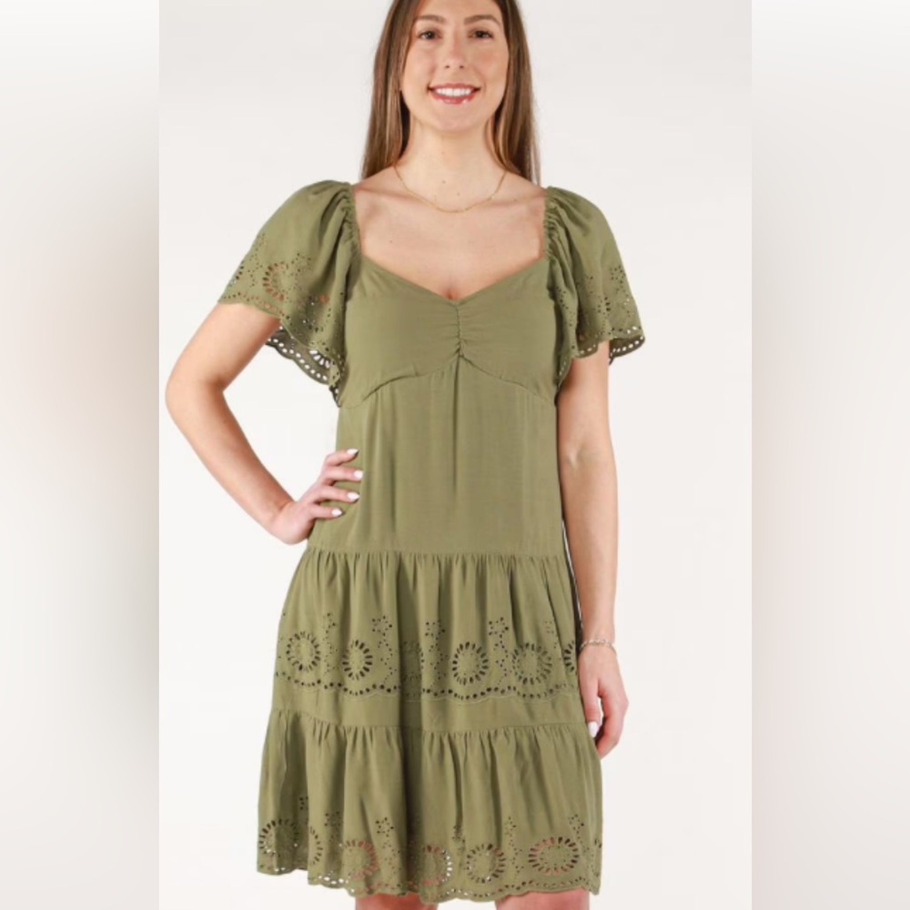 Devoted NWT leaf green dress with lace sleeves, accents, elastic back, lined.